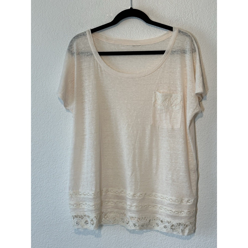 Cream 100% Linen Crochet Lace Trim Pocket Scoop Neck Short Sleeve Boho Top